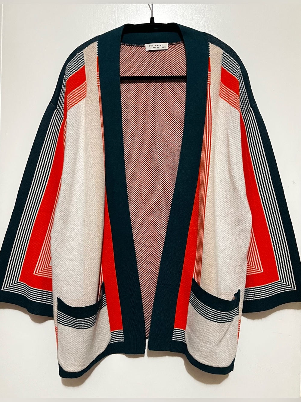 Equipment Open-Front Colorblock Cardigan - Red/orange, Cream, Green